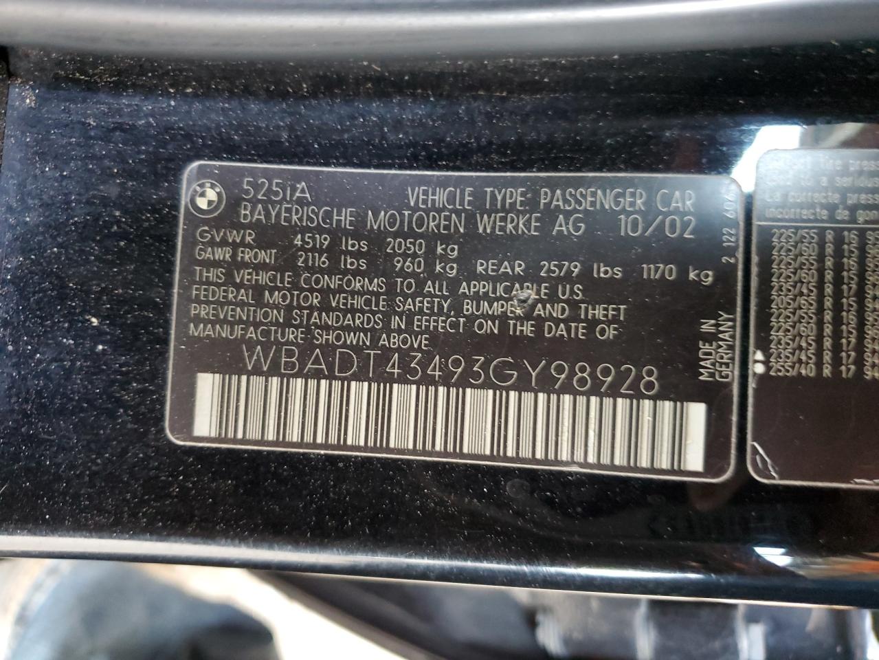 2003 BMW 525 I Automatic VIN: WBADT43493GY98928 Lot: 64647395