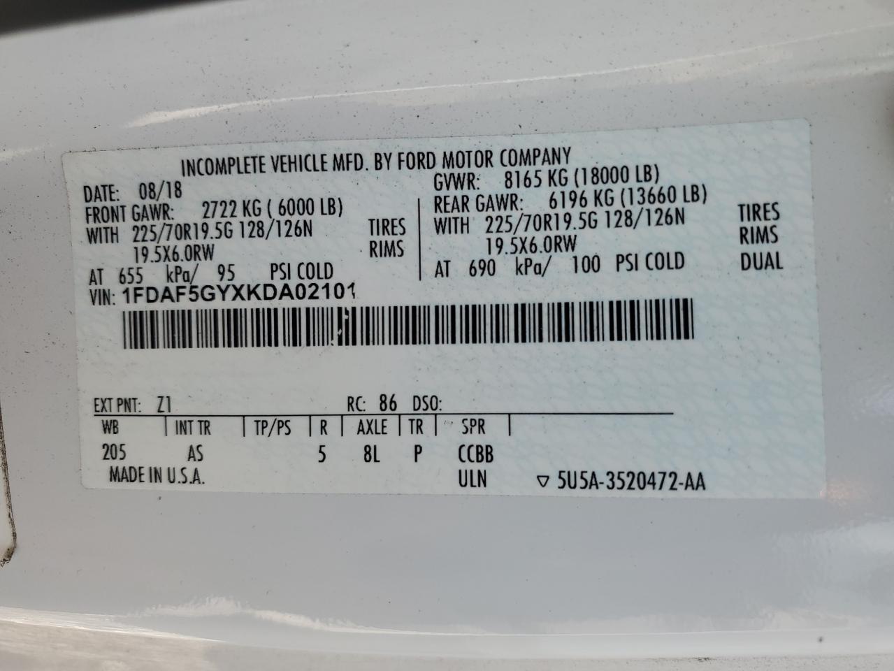 1fdaf5gyxkda02101 1FDAF5GYXKDA02101 2019 Ford F550 Super Duty