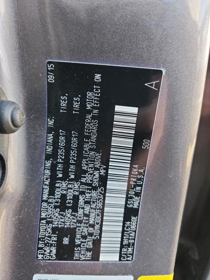 2015 Toyota Sienna Xle VIN: 5TDYK3DC7FS653725 Lot: 65627155