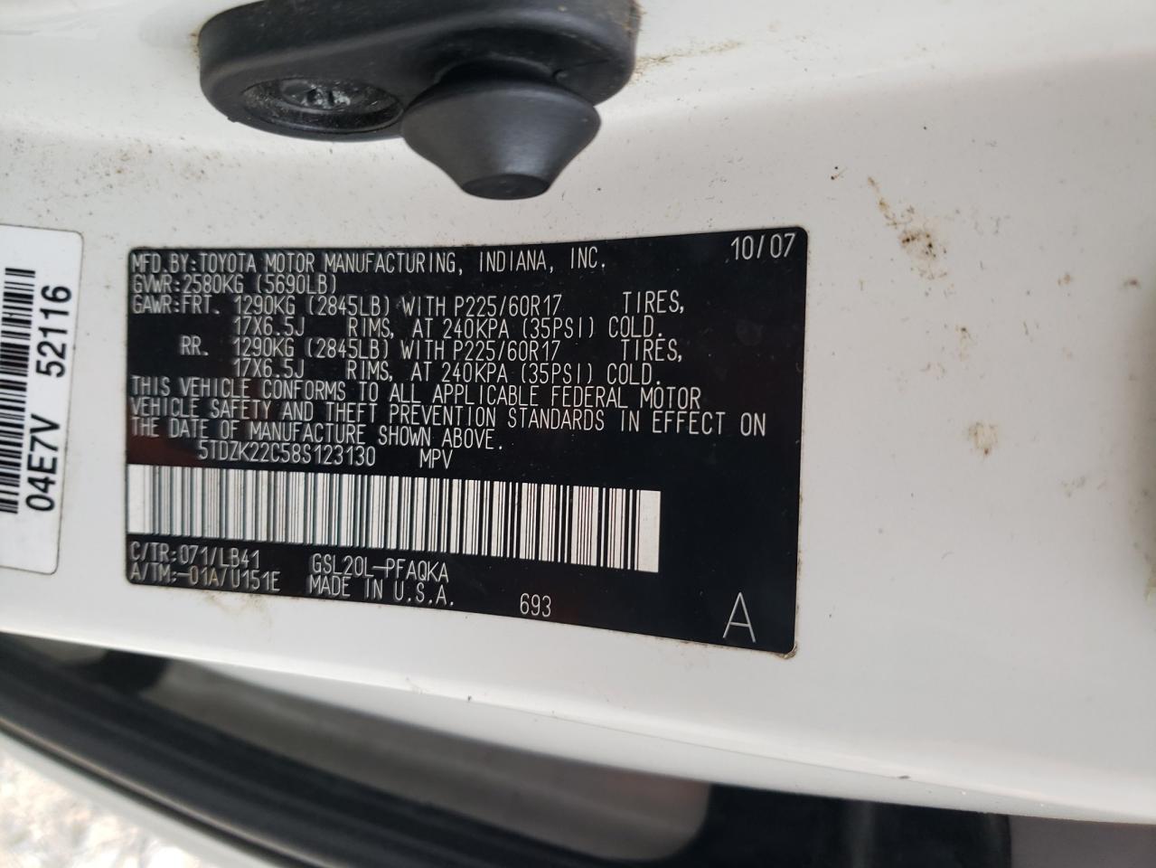 2008 Toyota Sienna Xle VIN: 5TDZK22C58S123130 Lot: 64905835