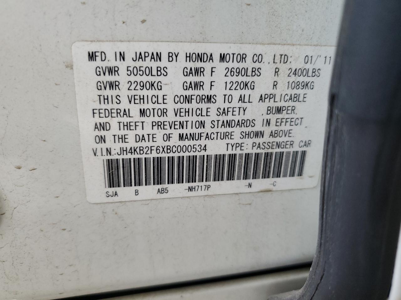 jh4kb2f6xbc000534 JH4KB2F6XBC000534 2011 Acura Rl