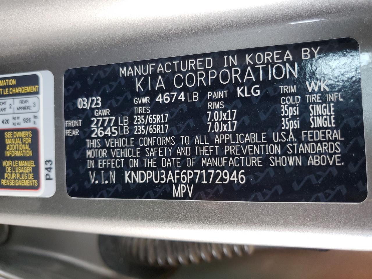 2023 Kia Sportage Lx VIN: KNDPU3AF6P7172946 Lot: 65420665