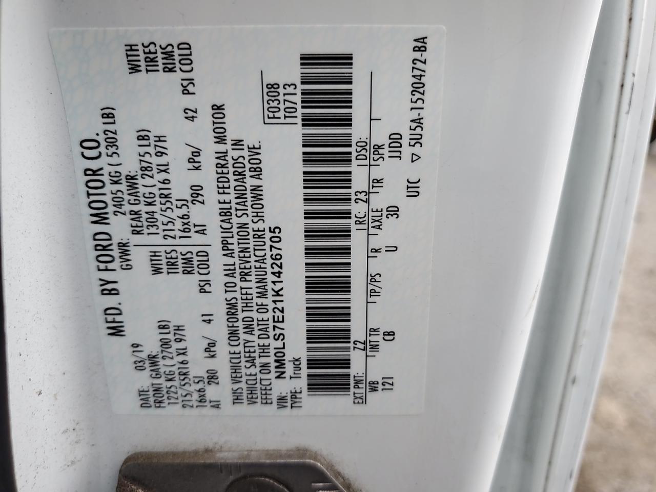 2019 Ford Transit Connect Xl VIN: NM0LS7E21K1426705 Lot: 65126465