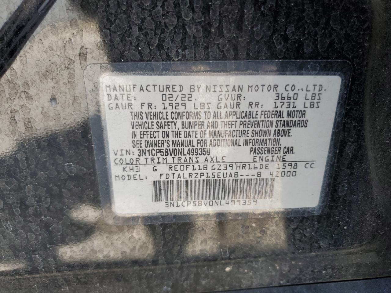 3N1CP5BV0NL499359 2022 Nissan Kicks S