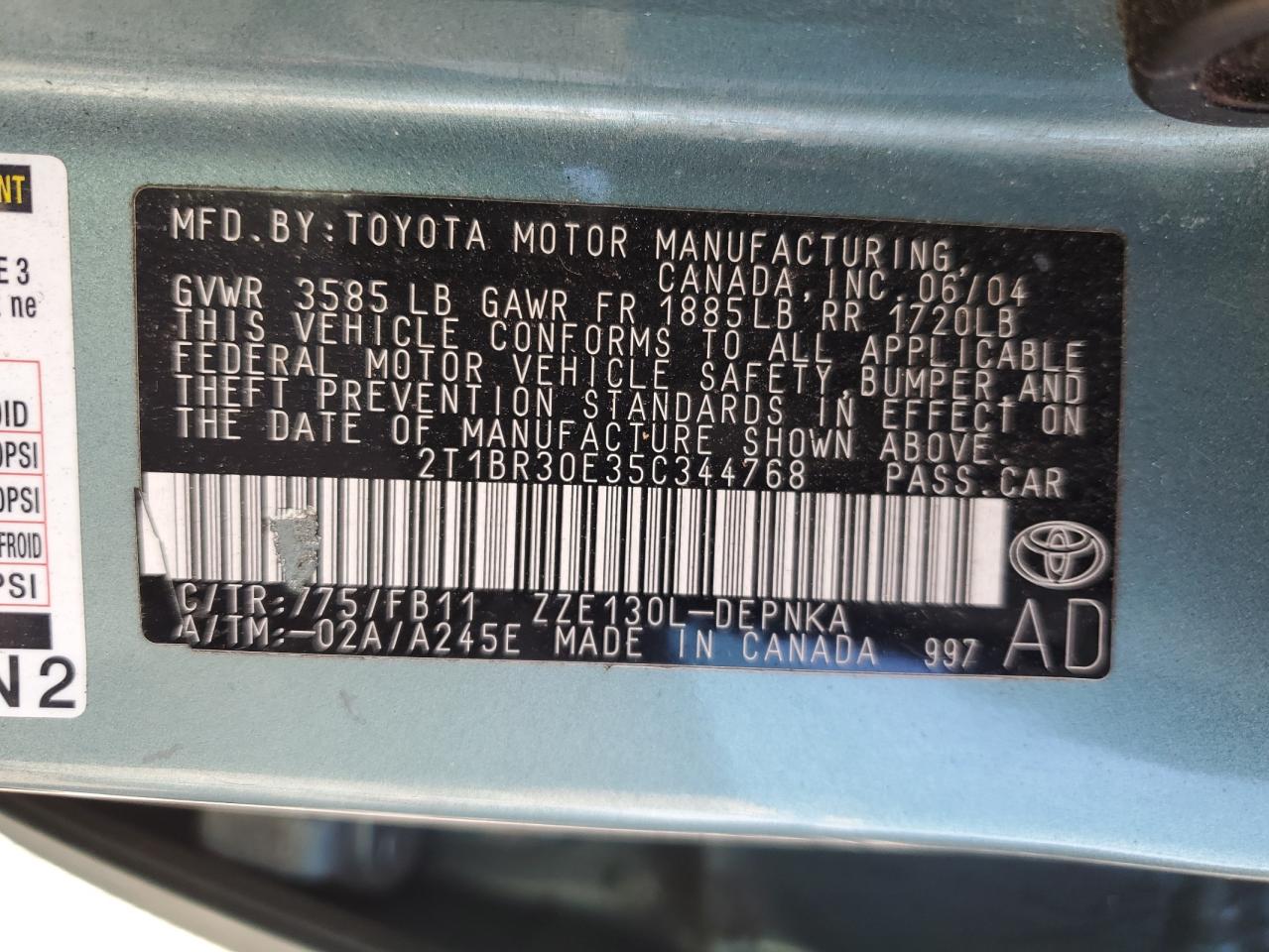 2t1br30e35c344768 2T1BR30E35C344768 2005 Toyota Corolla Ce