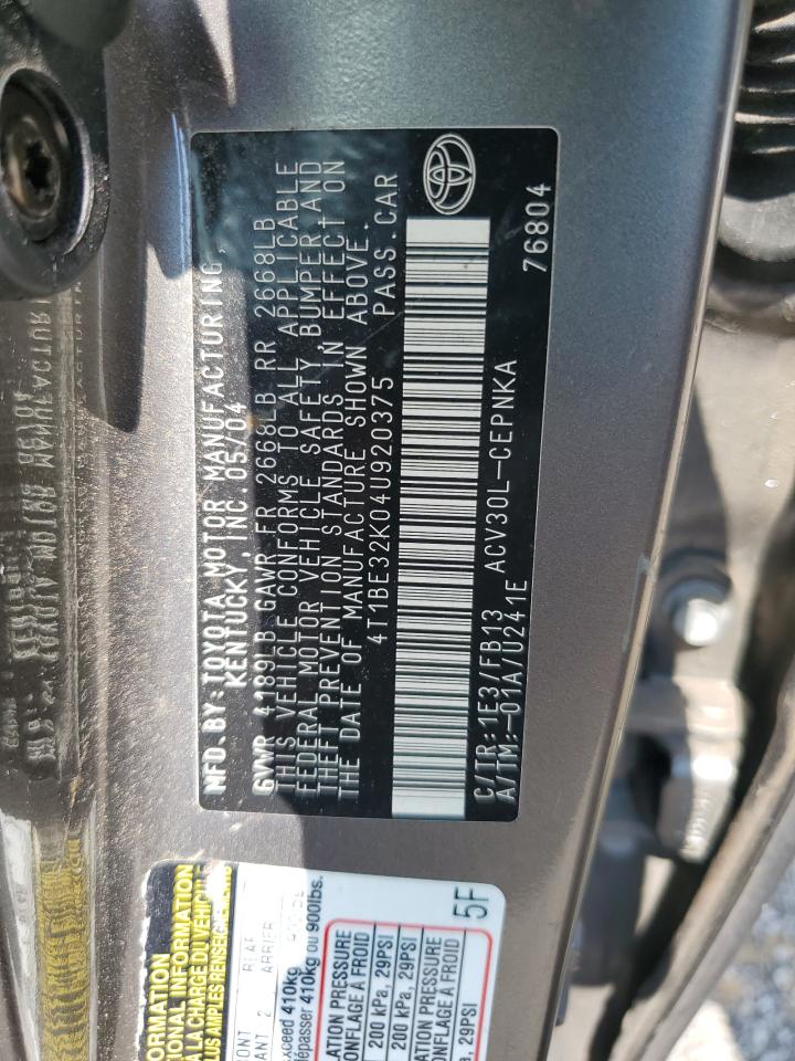 2004 Toyota Camry Le VIN: 4T1BE32K04U920375 Lot: 63378075