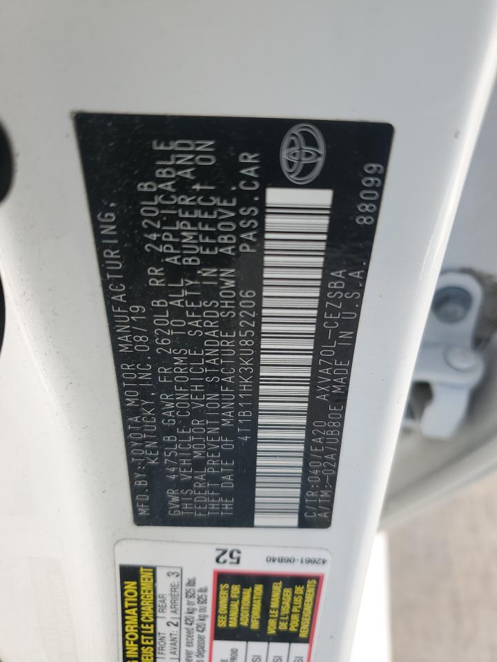 2019 Toyota Camry L VIN: 4T1B11HK3KU852206 Lot: 64725255