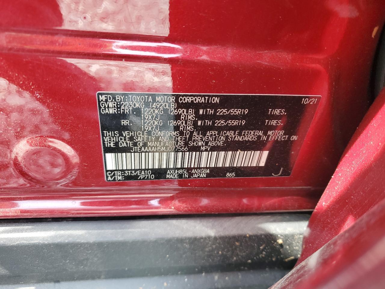 2021 Toyota Venza Le VIN: JTEAAAAH5MJ077566 Lot: 65325535