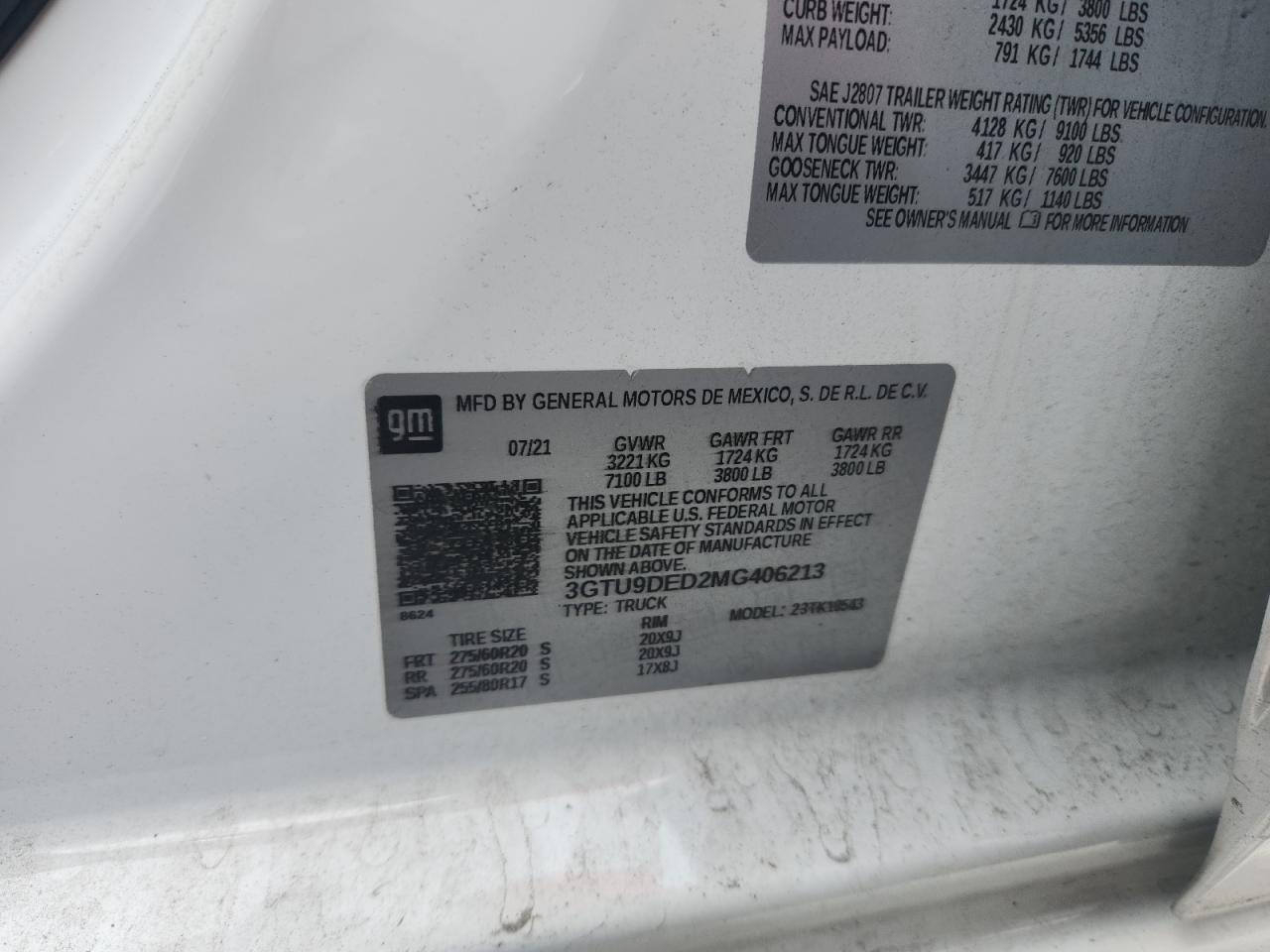 2021 GMC Sierra K1500 Slt VIN: 3GTU9DED2MG406213 Lot: 64415245