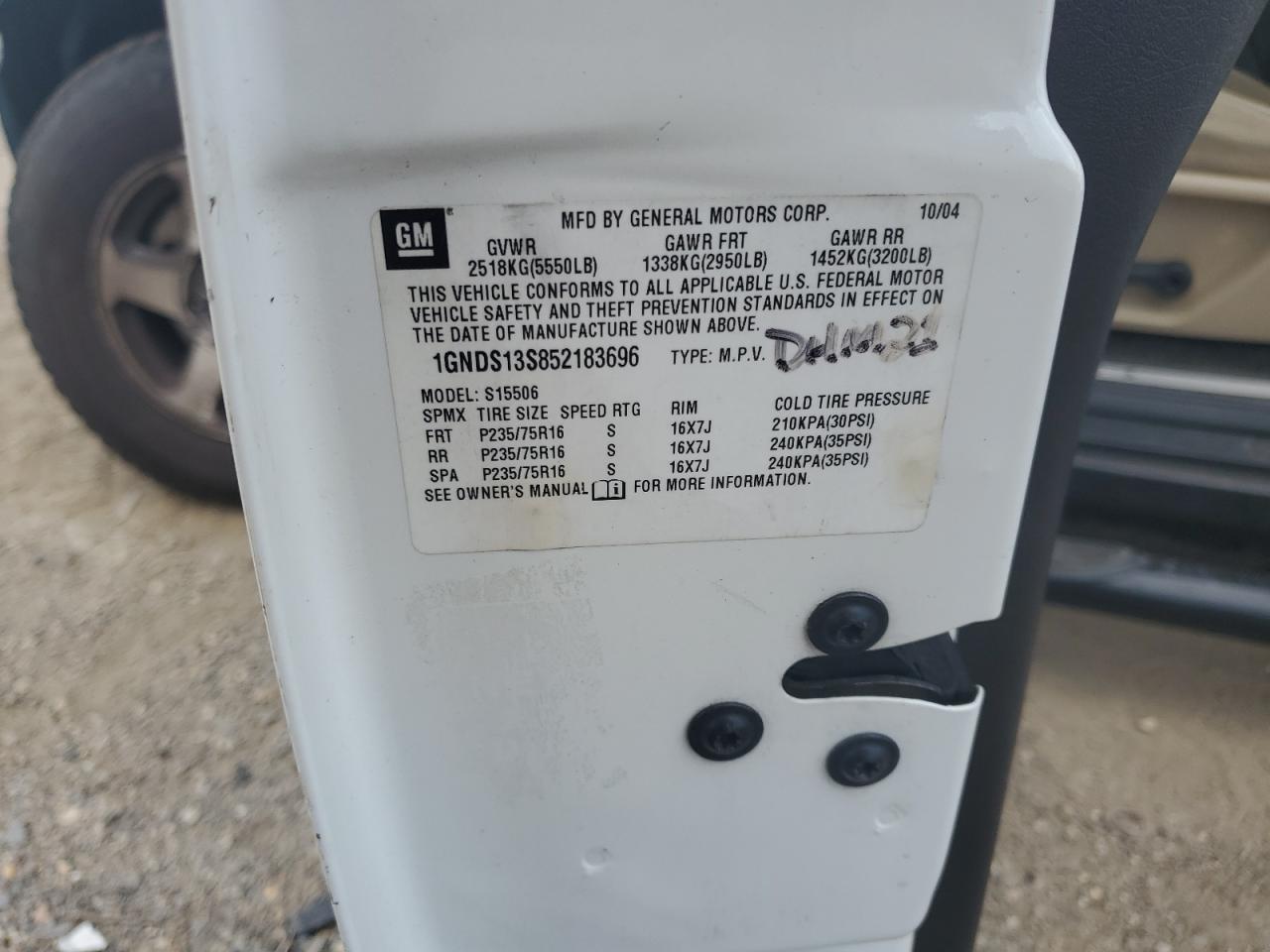 2005 Chevrolet Trailblazer Ls VIN: 1GNDS13S852183696 Lot: 85714935