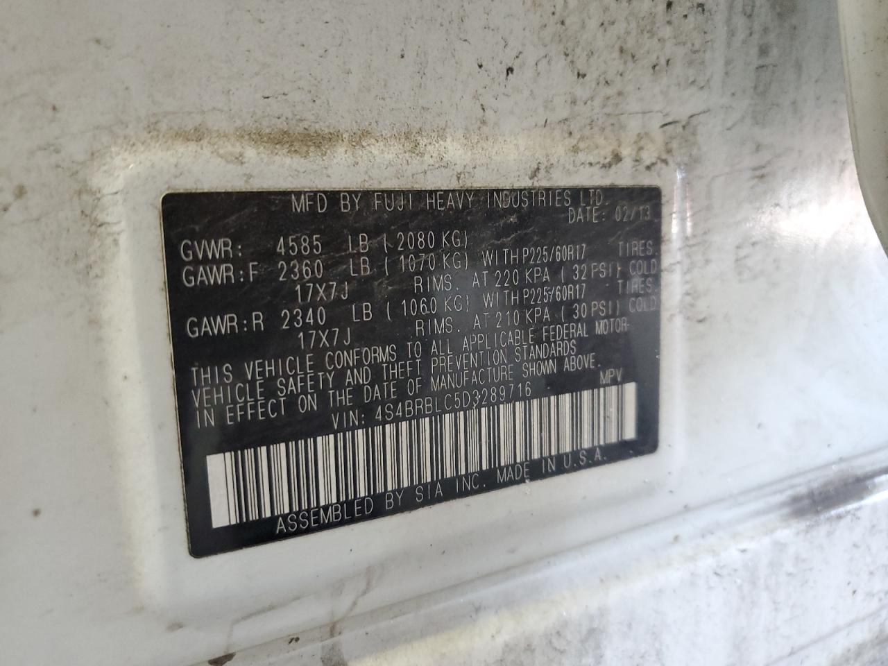 2013 Subaru Outback 2.5I Limited VIN: 4S4BRBLC5D3289716 Lot: 65452825