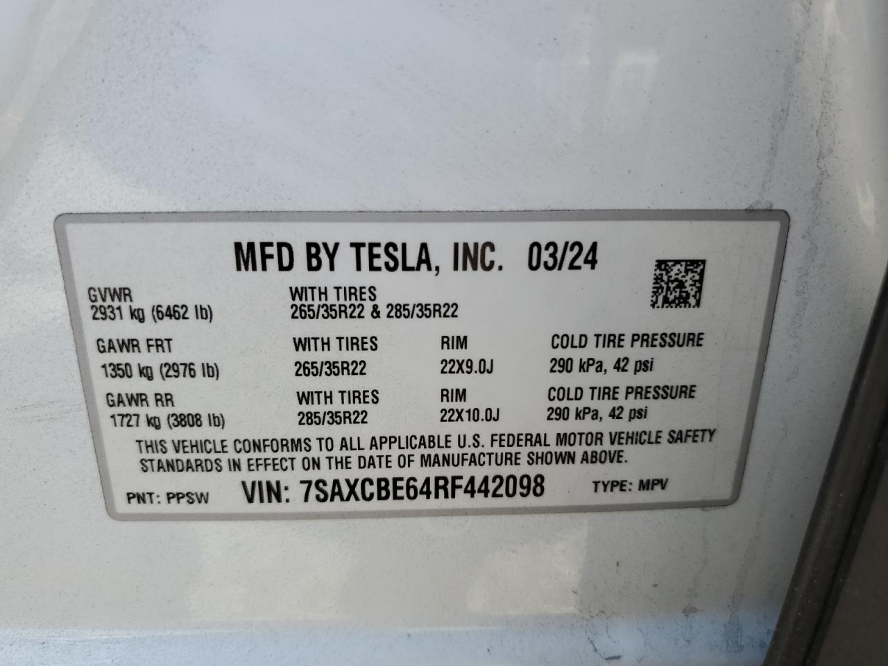 2024 Tesla Model X VIN: 7SAXCBE64RF442098 Lot: 65359055