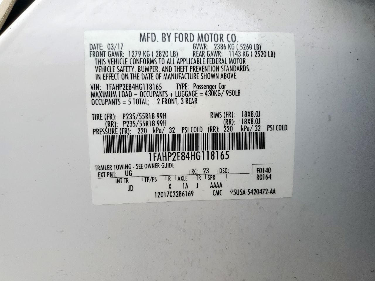 2017 Ford Taurus Sel VIN: 1FAHP2E84HG118165 Lot: 64082555
