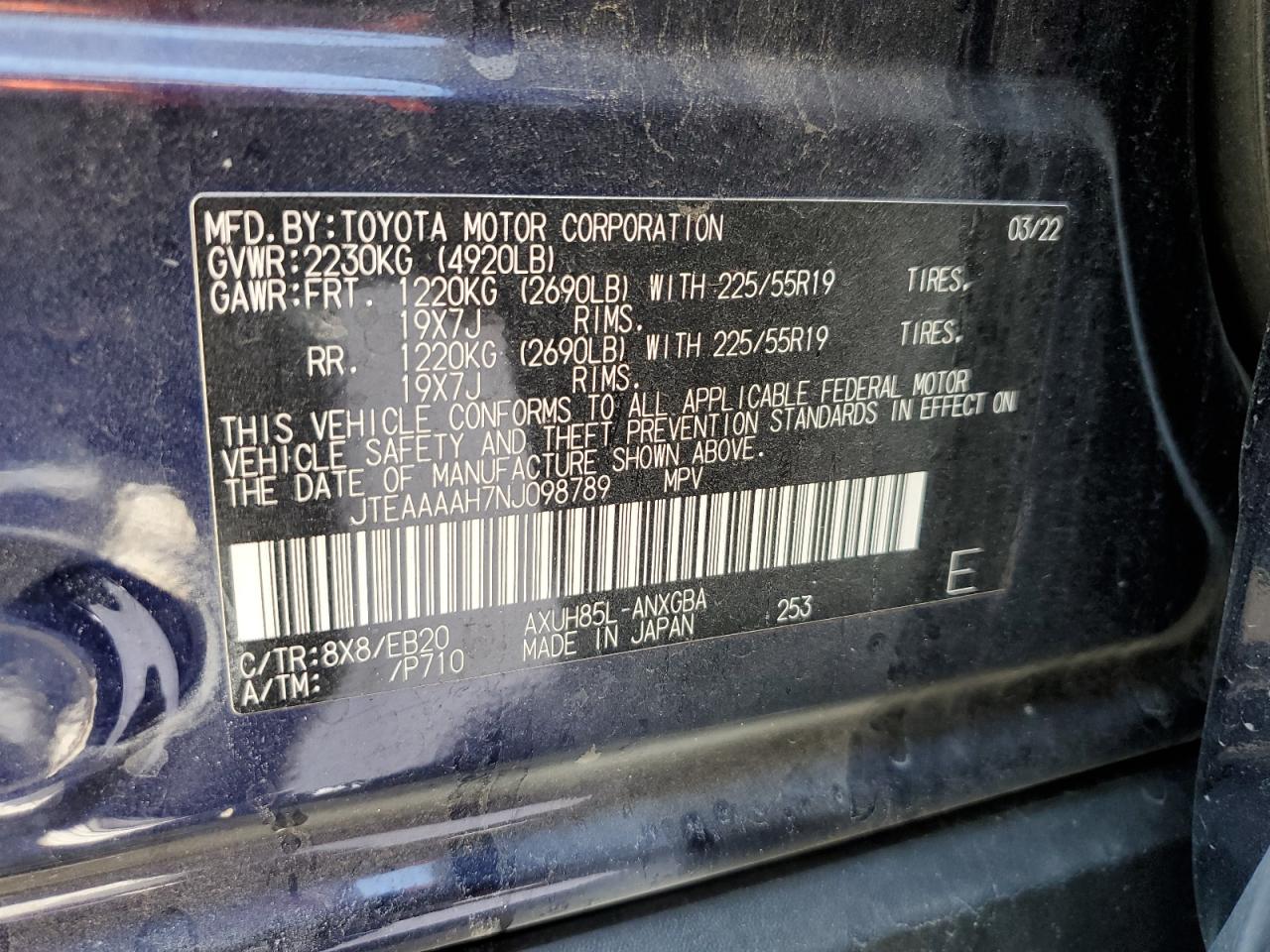 2022 Toyota Venza Le VIN: JTEAAAAH7NJ098789 Lot: 63618285
