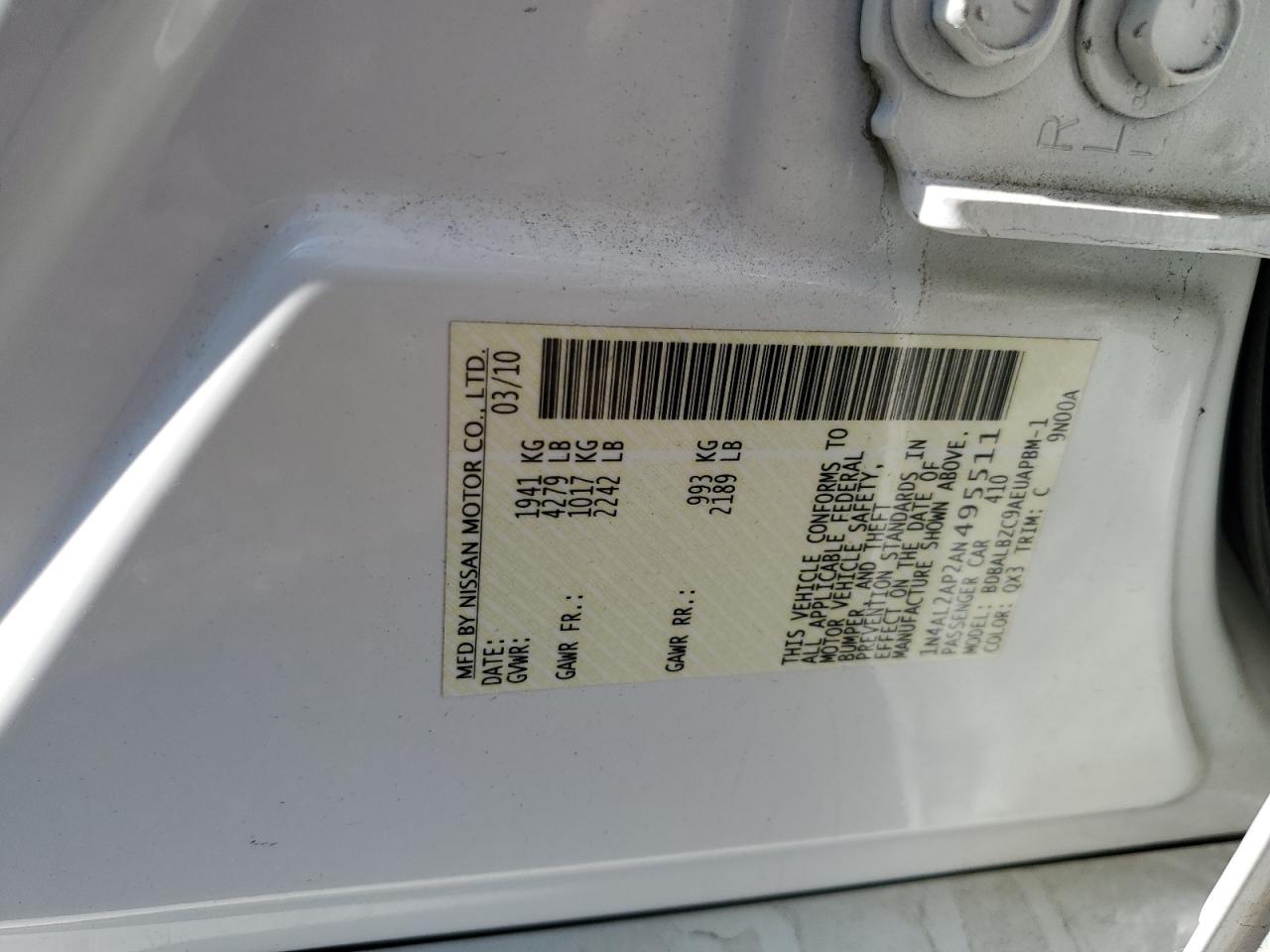 2010 Nissan Altima Base VIN: 1N4AL2AP2AN495511 Lot: 64029655