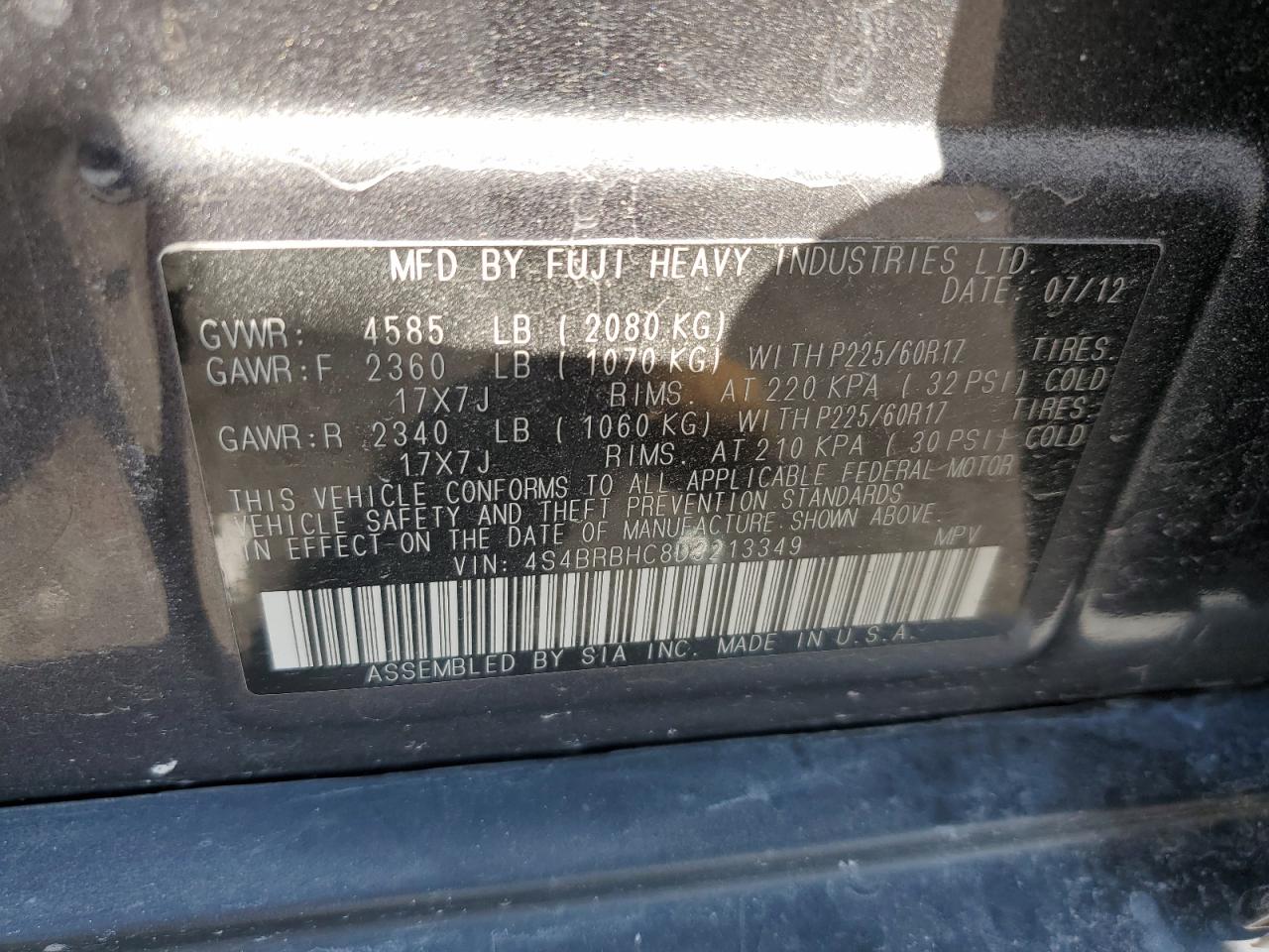 2013 Subaru Outback 2.5I Premium VIN: 4S4BRBHC8D3213349 Lot: 65322325