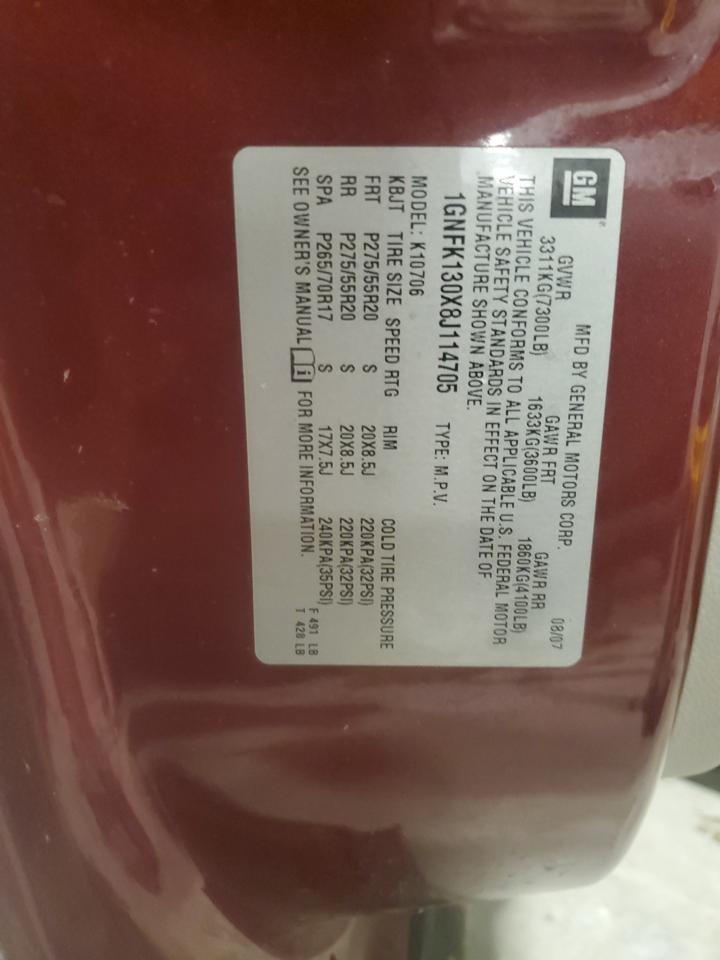 2008 Chevrolet Tahoe K1500 VIN: 1GNFK130X8J114705 Lot: 66321005