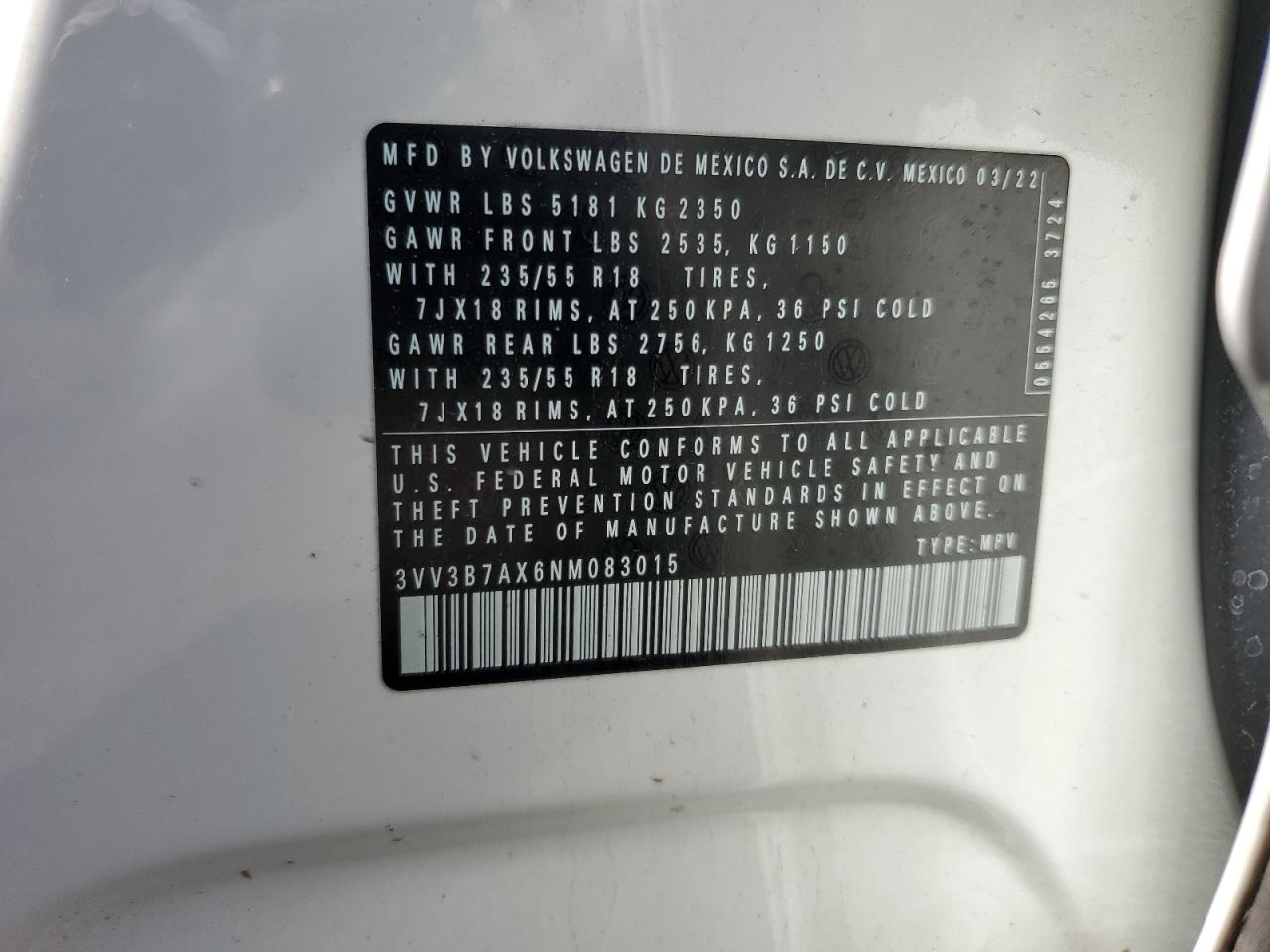 2022 Volkswagen Tiguan Se VIN: 3VV3B7AX6NM083015 Lot: 63281115
