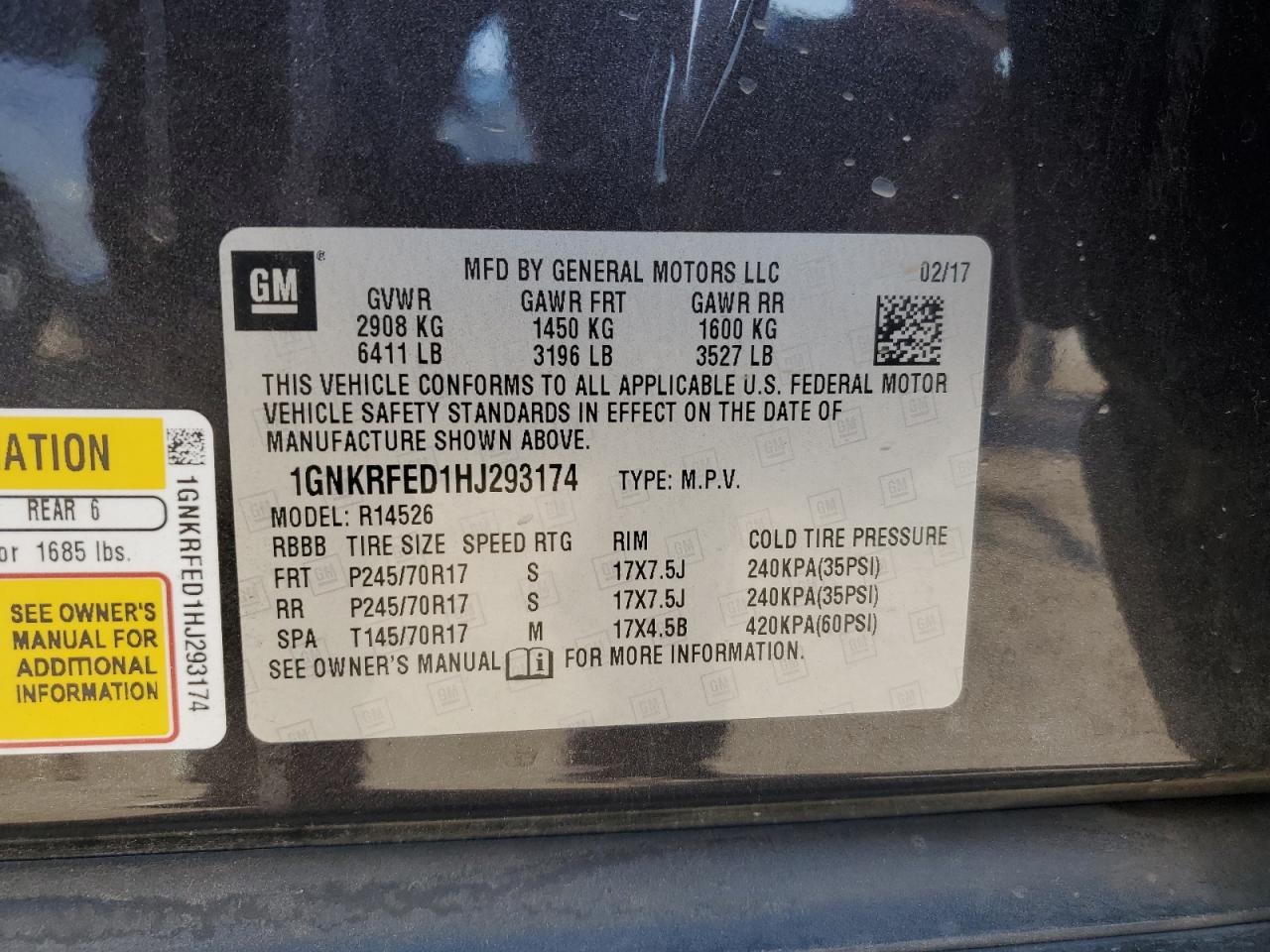 2017 Chevrolet Traverse Ls VIN: 1GNKRFED1HJ293174 Lot: 65848595