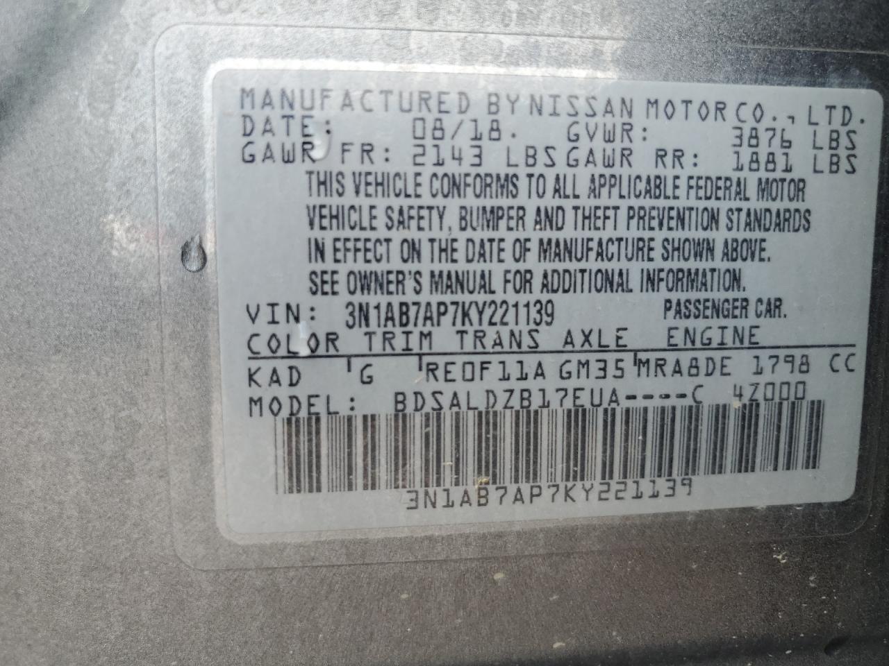 2019 Nissan Sentra S VIN: 3N1AB7AP7KY221139 Lot: 63314025