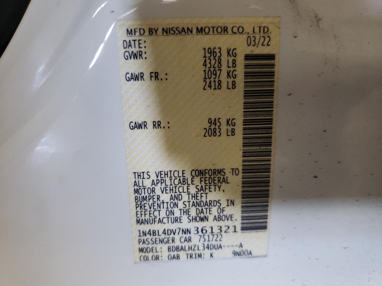2022 Nissan Altima Sv VIN: 1N4BL4DV7NN361321 Lot: 63272265