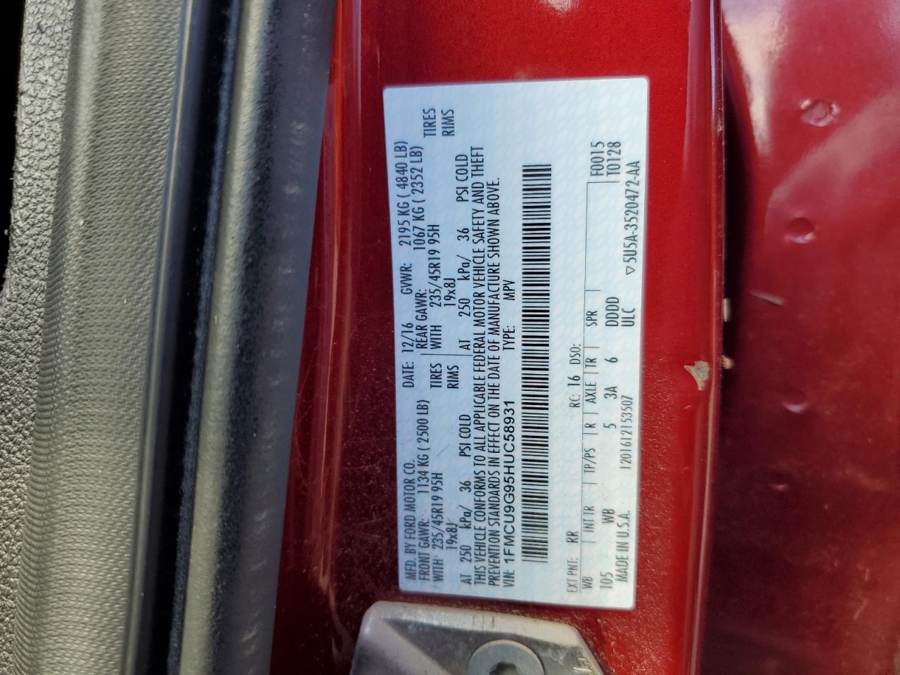 2017 Ford Escape Se VIN: 1FMCU9G95HUC58931 Lot: 65137735