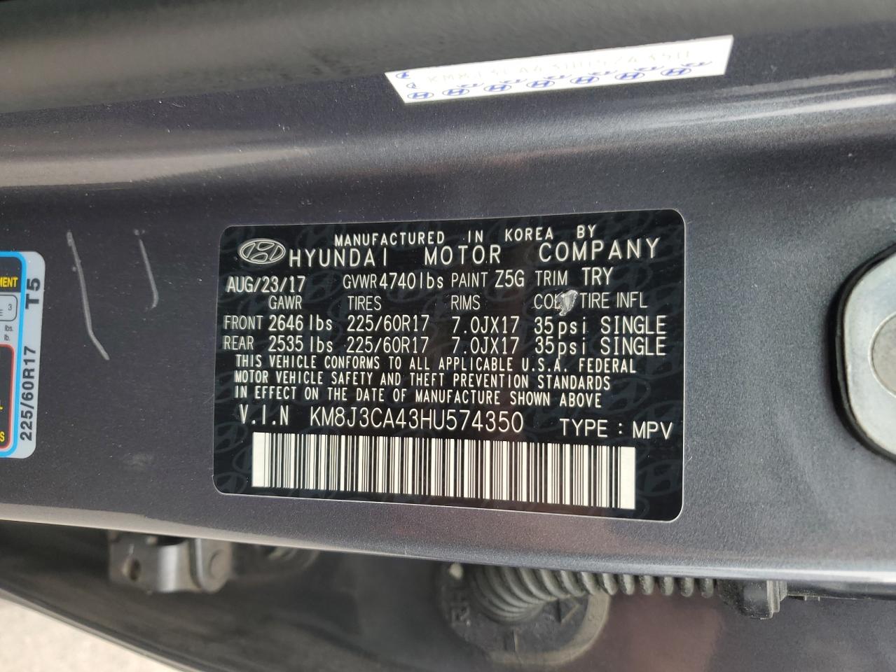 2017 Hyundai Tucson Limited VIN: KM8J3CA43HU574350 Lot: 64360265