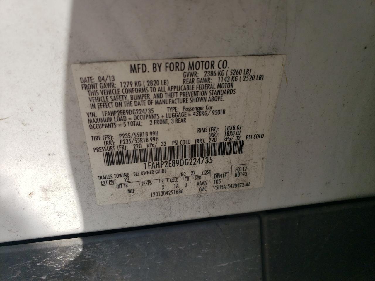 2013 Ford Taurus Sel VIN: 1FAHP2E89DG224735 Lot: 63808695