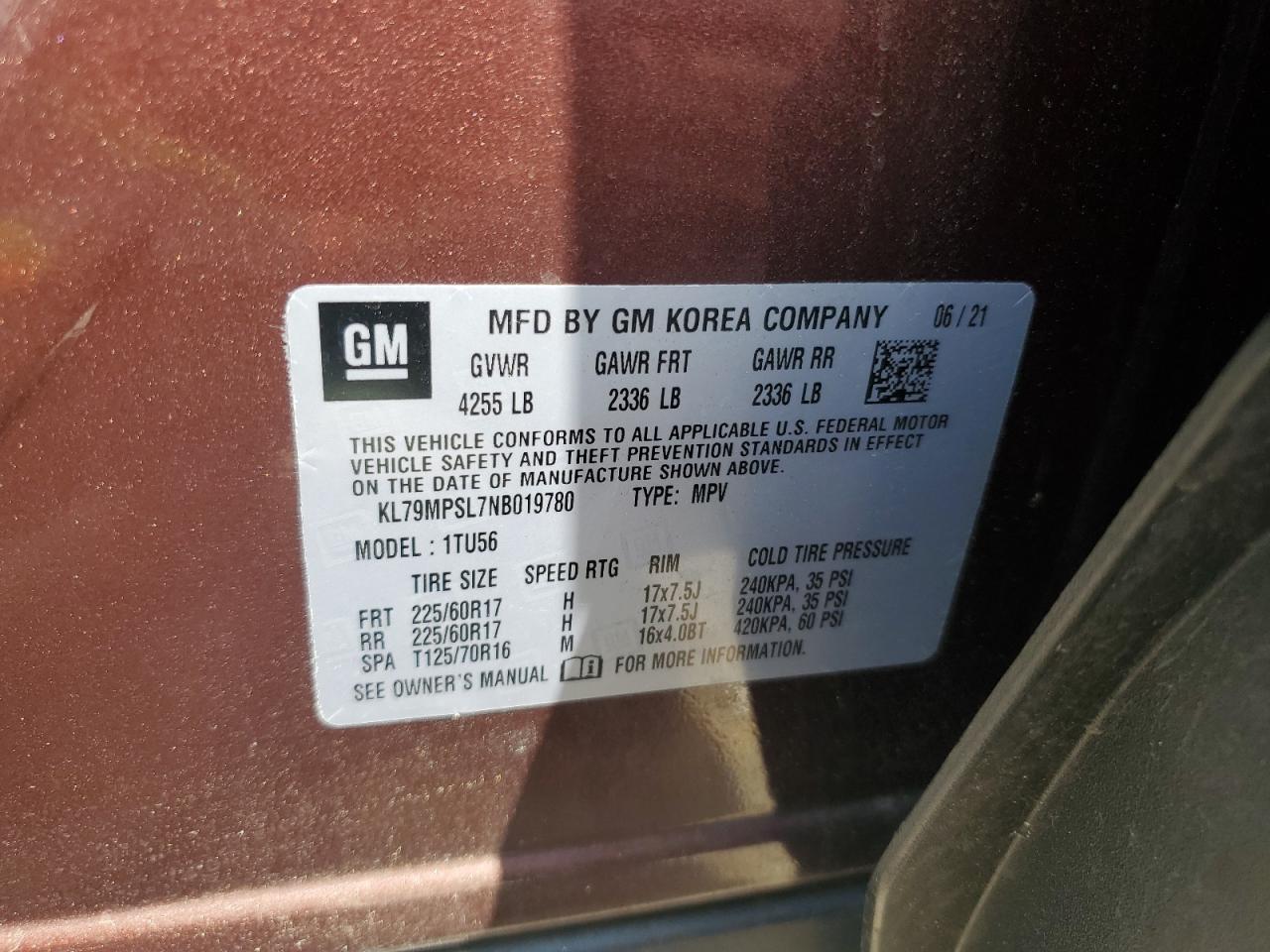 2022 Chevrolet Trailblazer Lt VIN: KL79MPSL7NB019780 Lot: 63756185