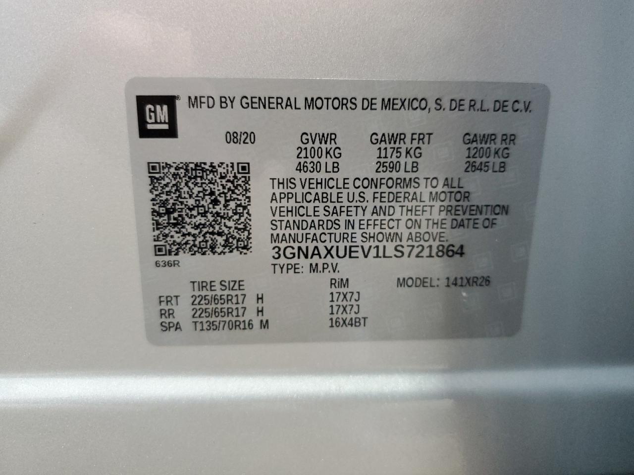 2020 Chevrolet Equinox Lt VIN: 3GNAXUEV1LS721864 Lot: 64307535