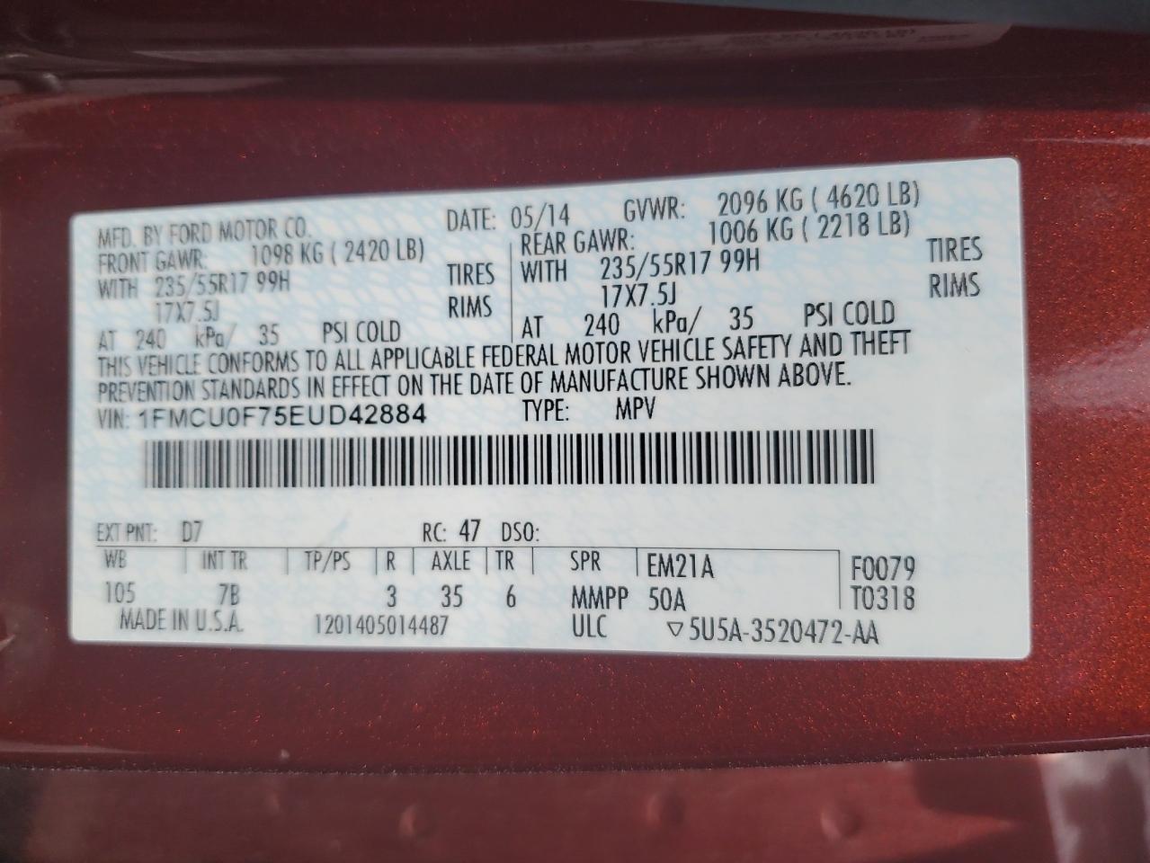 2014 Ford Escape S VIN: 1FMCU0F75EUD42884 Lot: 64651475