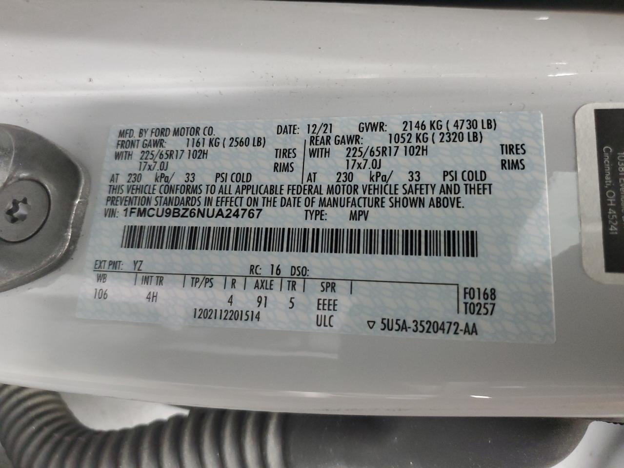 2022 Ford Escape Se VIN: 1FMCU9BZ6NUA24767 Lot: 63855195