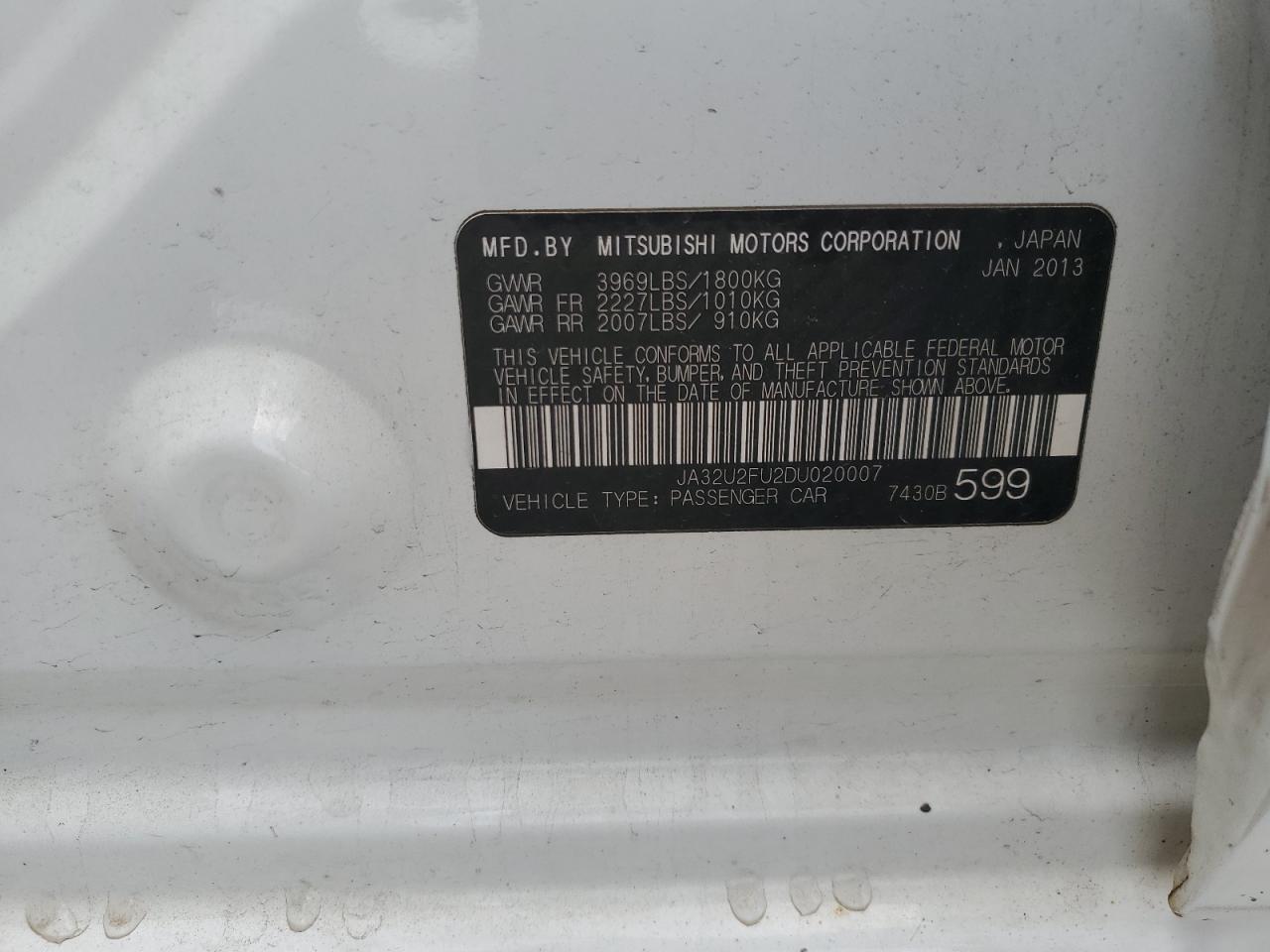 2013 Mitsubishi Lancer Es/Es Sport VIN: JA32U2FU2DU020007 Lot: 64192355