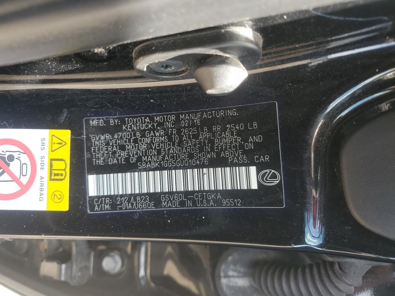 2016 Lexus Es 350 VIN: 58ABK1GG5GU010476 Lot: 63828525