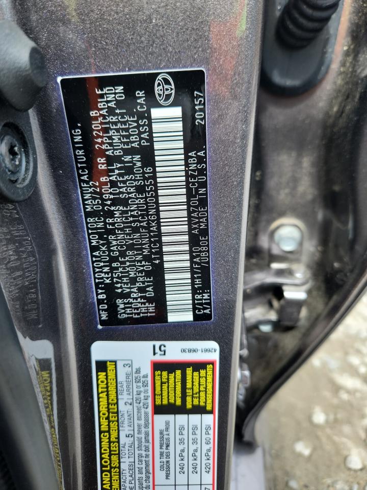2022 Toyota Camry Le VIN: 4T1C11AK6NU055516 Lot: 64519805