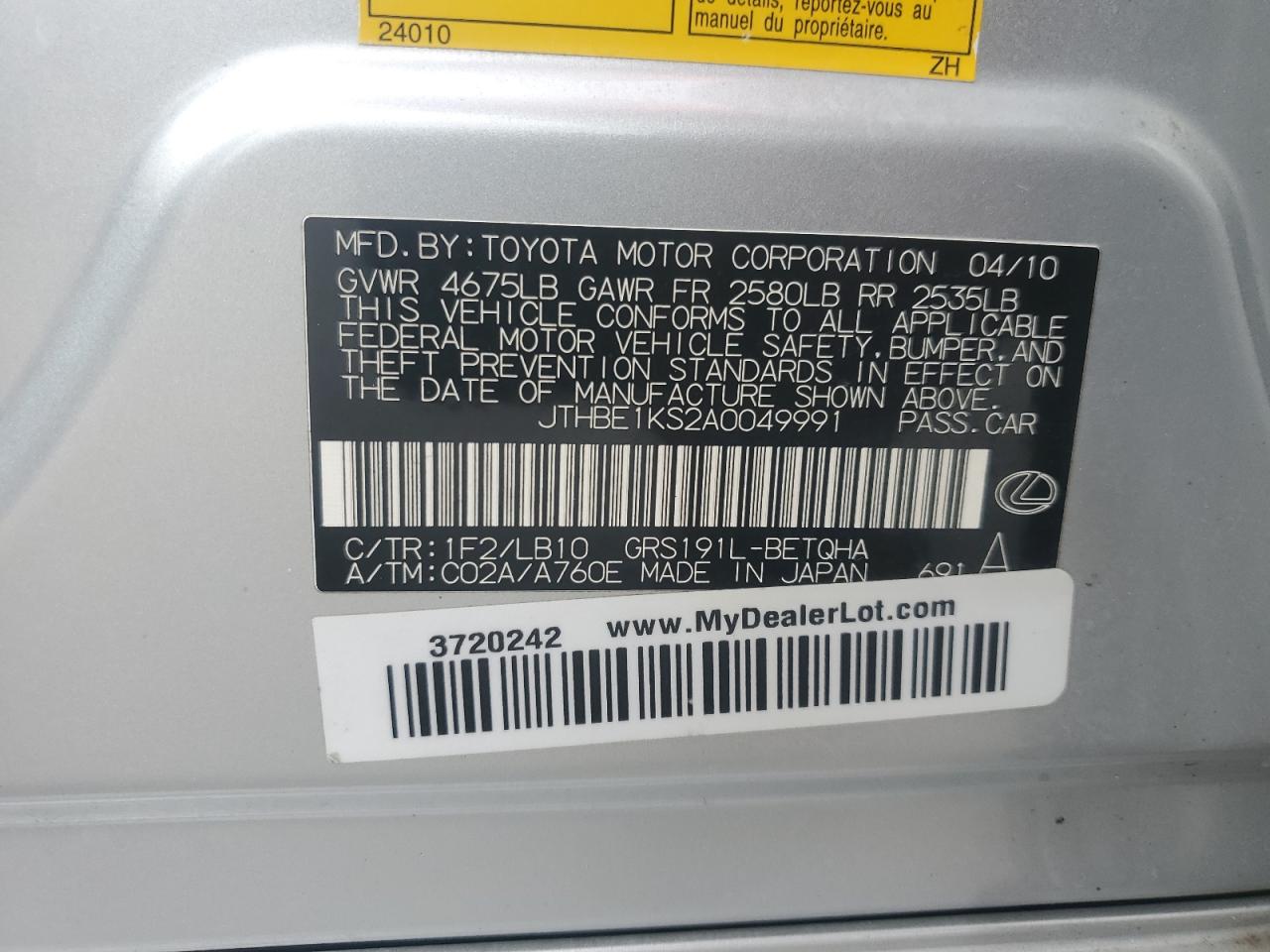 2010 Lexus Gs 350 VIN: JTHBE1KS2A0049991 Lot: 64266765