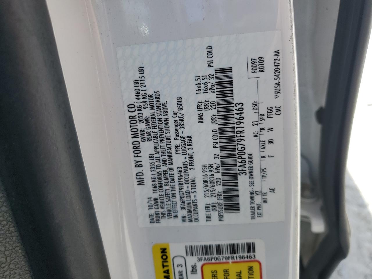 2015 Ford Fusion S VIN: 3FA6P0G79FR196463 Lot: 65295615