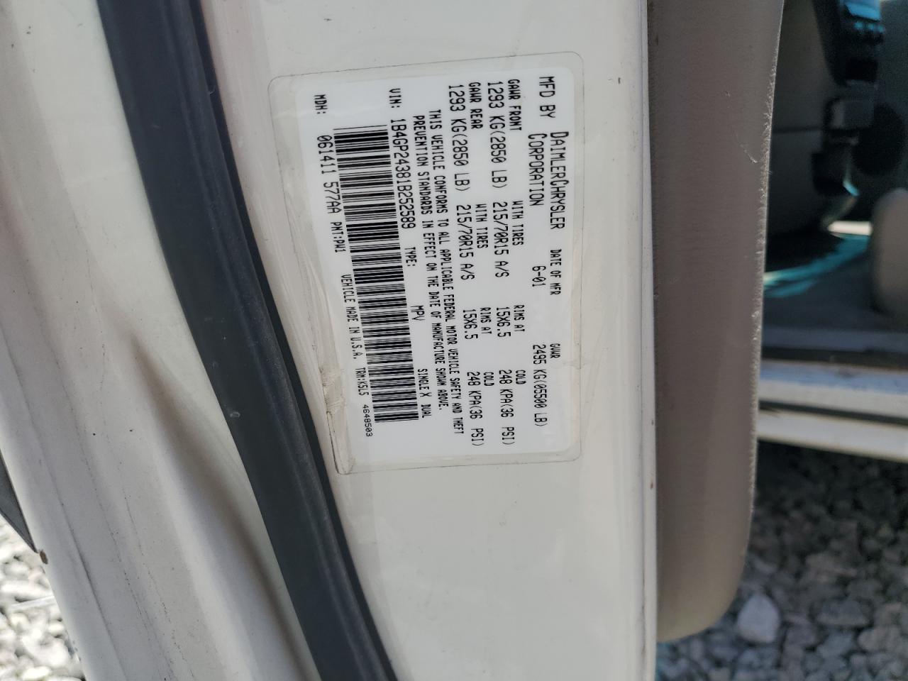 2001 Dodge Grand Caravan Se VIN: 1B4GP24381B252589 Lot: 64830425