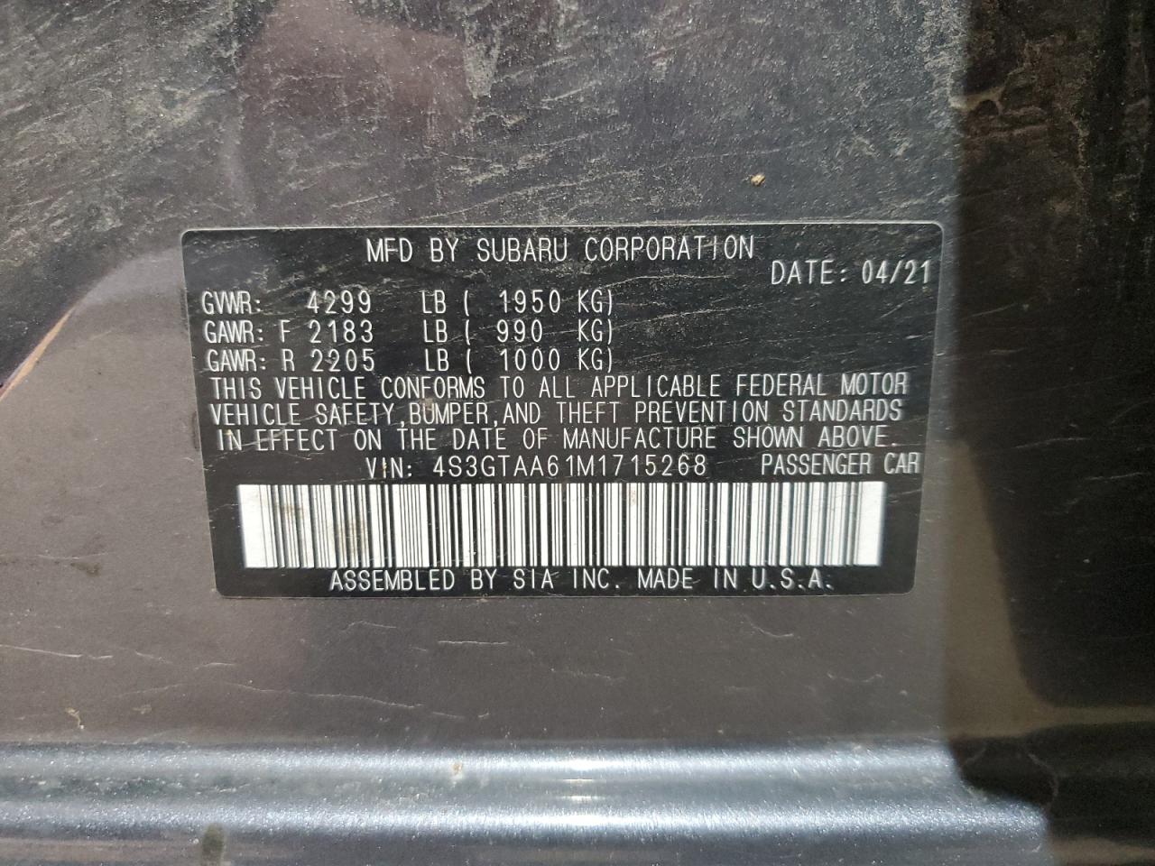 2021 Subaru Impreza VIN: 4S3GTAA61M1715268 Lot: 64177565