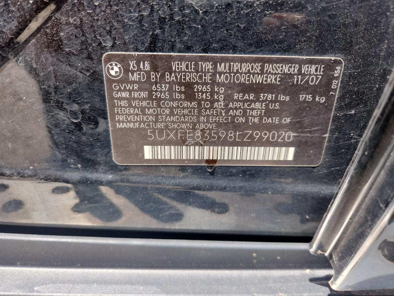 2008 BMW X5 4.8I VIN: 5UXFE83598LZ99020 Lot: 64835355