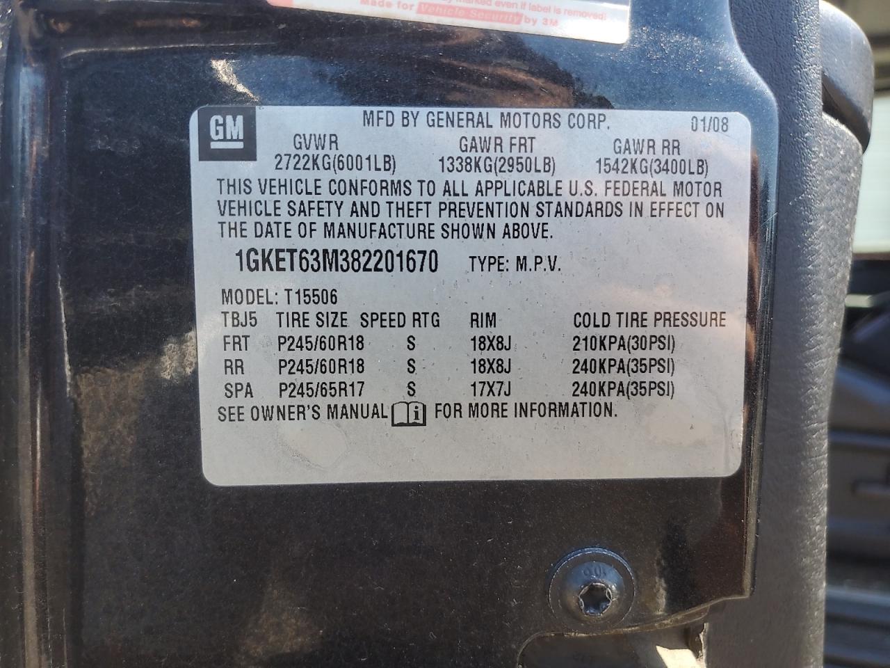 2008 GMC Envoy Denali VIN: 1GKET63M382201670 Lot: 66002825