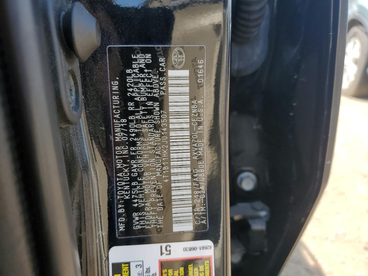 2018 Toyota Camry L VIN: 4T1B11HK2JU143507 Lot: 62571125