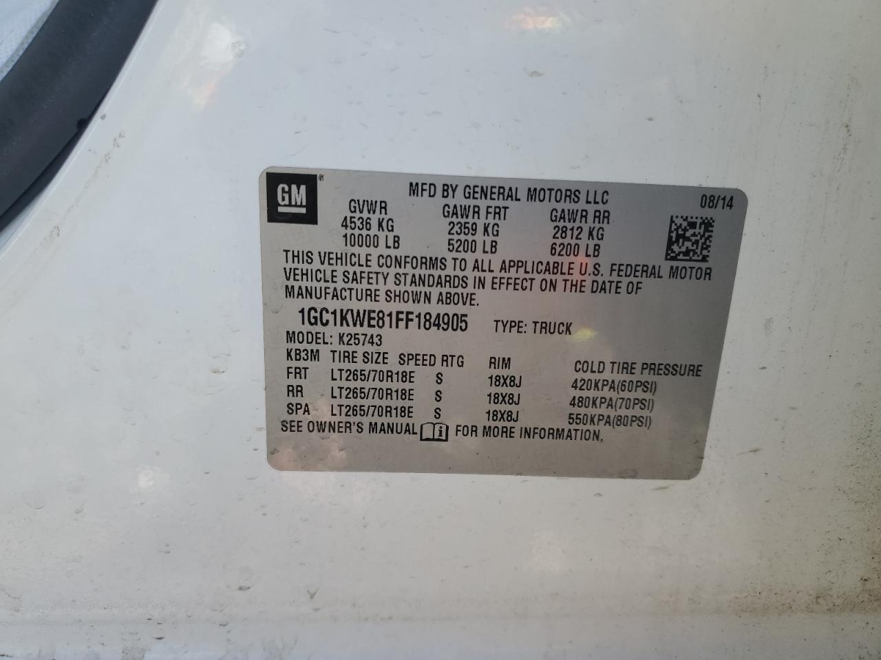 2015 Chevrolet Silverado K2500 Heavy Duty Ltz VIN: 1GC1KWE81FF184905 Lot: 64782185