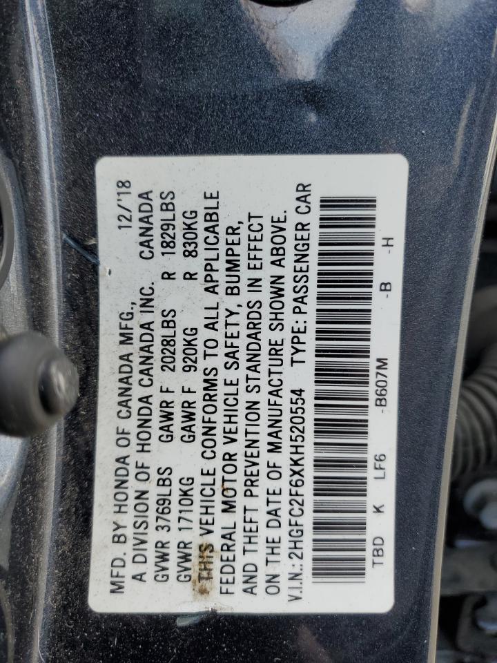 2019 Honda Civic Lx VIN: 2HGFC2F6XKH520554 Lot: 65212395