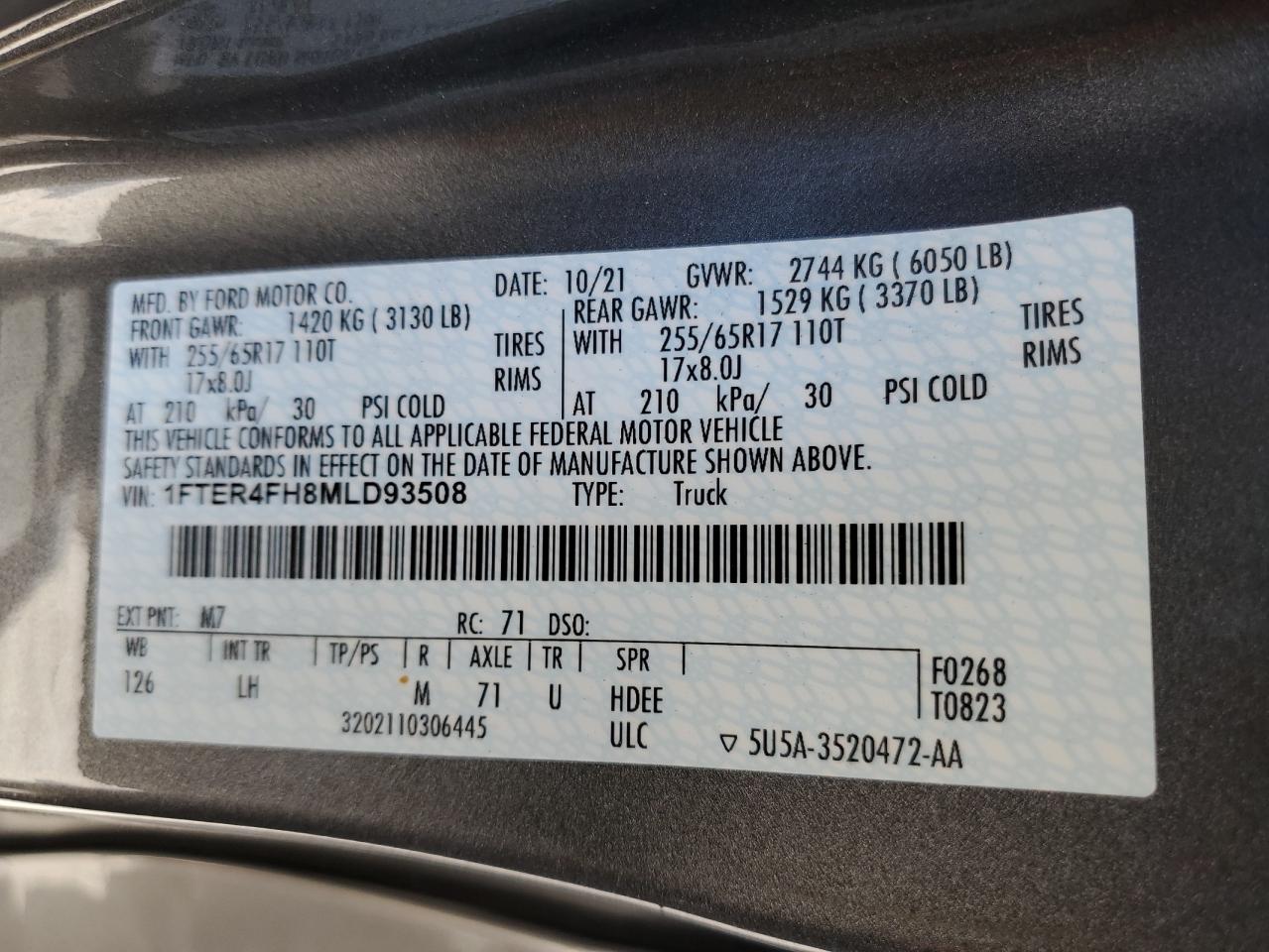 2021 Ford Ranger Xl VIN: 1FTER4FH8MLD93508 Lot: 63940565