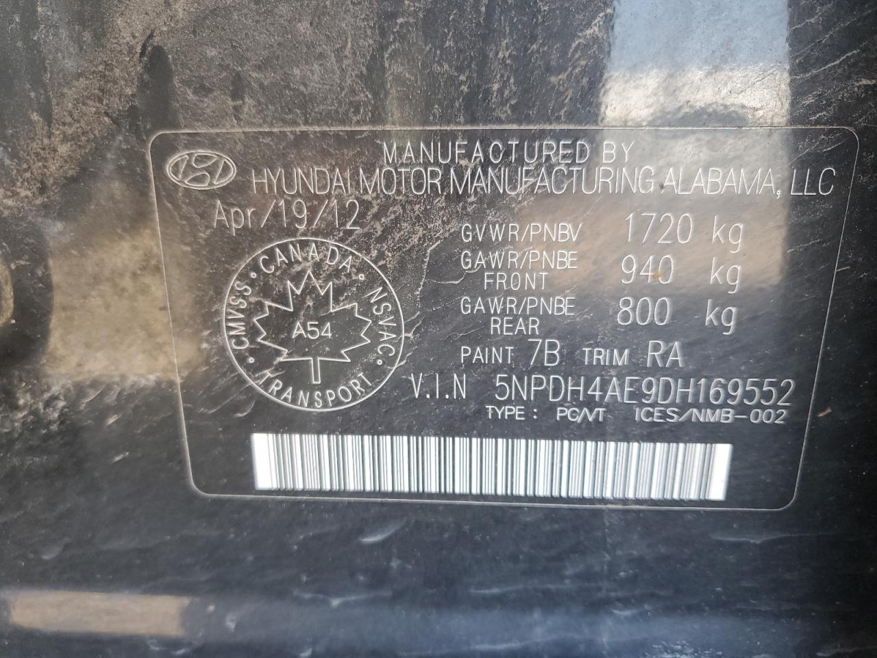 2013 Hyundai Elantra Gls VIN: 5NPDH4AE9DH169552 Lot: 63491095