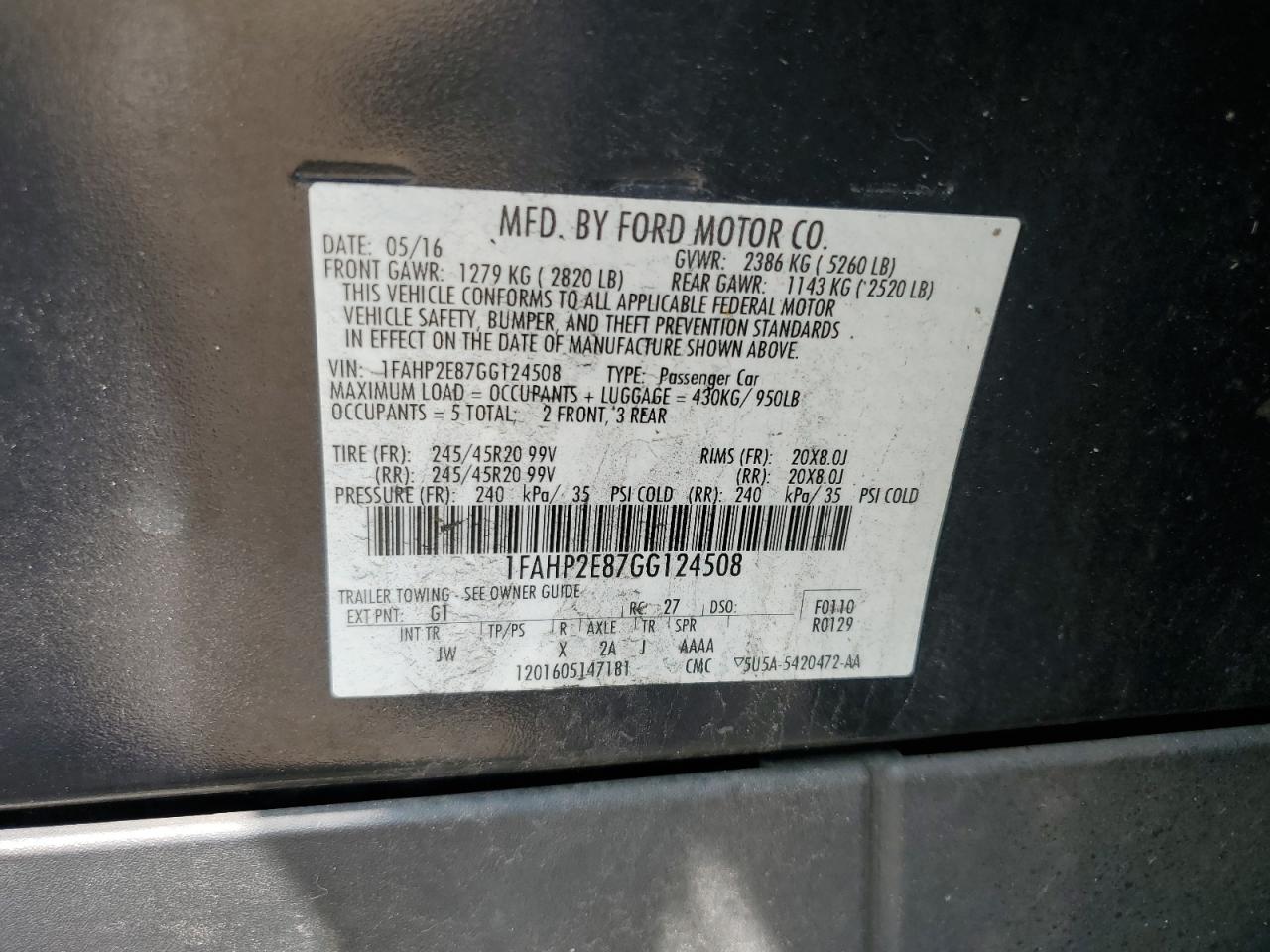 2016 Ford Taurus Sel VIN: 1FAHP2E87GG124508 Lot: 63964595