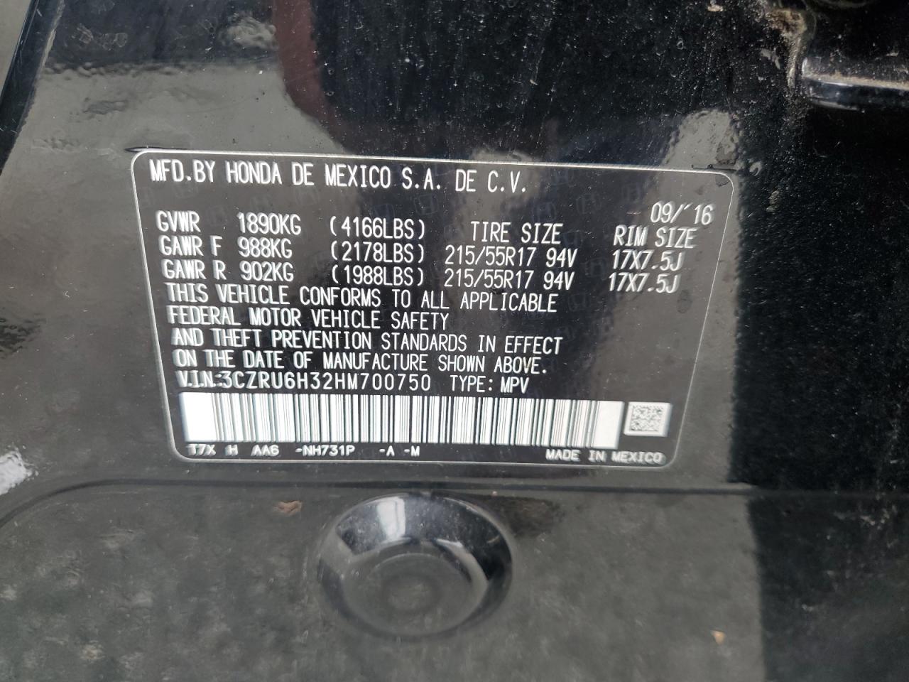 2017 Honda Hr-V Lx VIN: 3CZRU6H32HM700750 Lot: 64277825