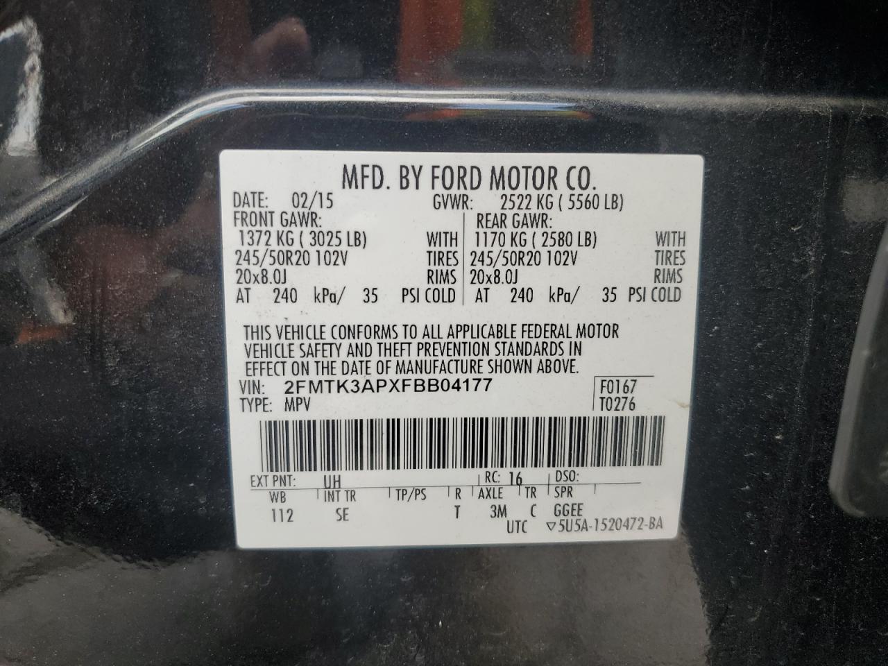 2015 Ford Edge Sport VIN: 2FMTK3APXFBB04177 Lot: 64001715