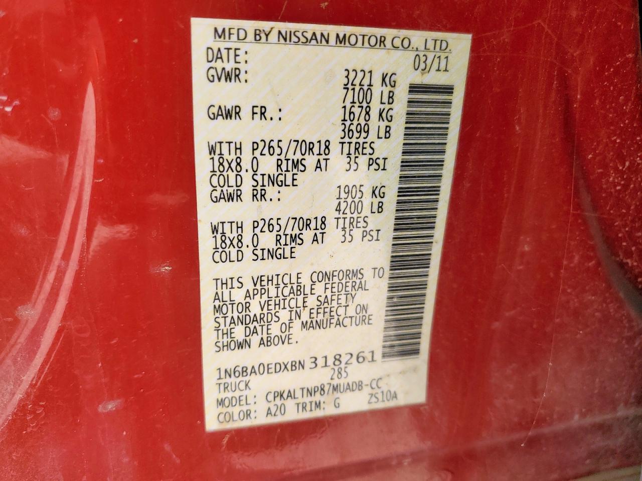 2011 Nissan Titan S VIN: 1N6BA0EDXBN318261 Lot: 64767645